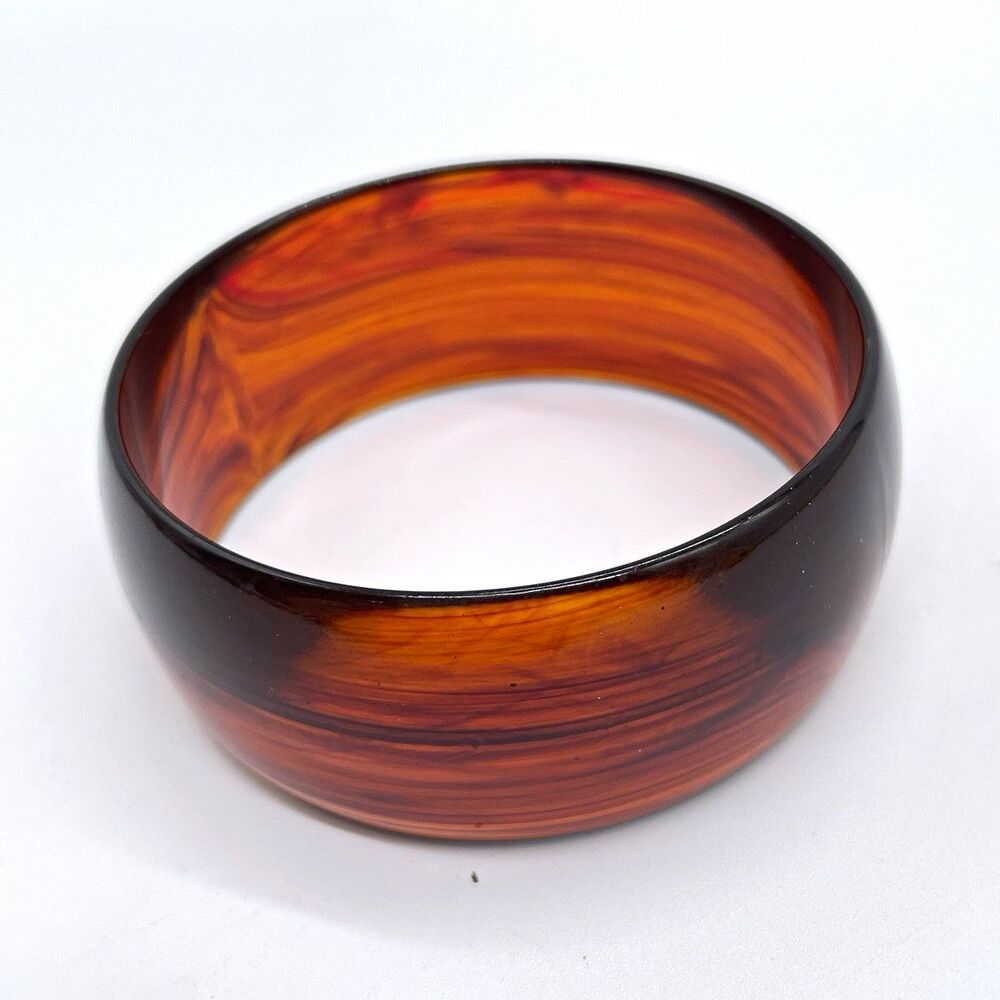 Amber Brown Swirl Wide Bangle Bracelet Faux Tortoiseshell Chunky Resin